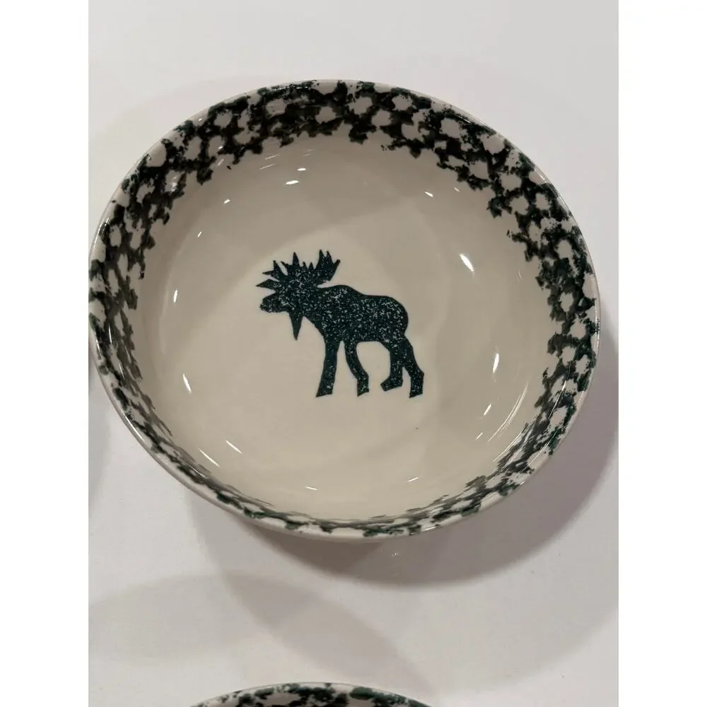 VINTAGE Tienshan Moose Country Cereal Soup Bowls Set 4 Folk Craft Spongeware 6.5